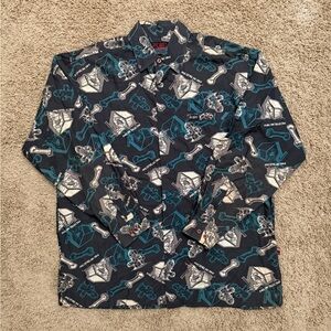Vintage Y2K FUBU Shirt Mens XL Black Dog Bone Button Up AOP Long Sleeve